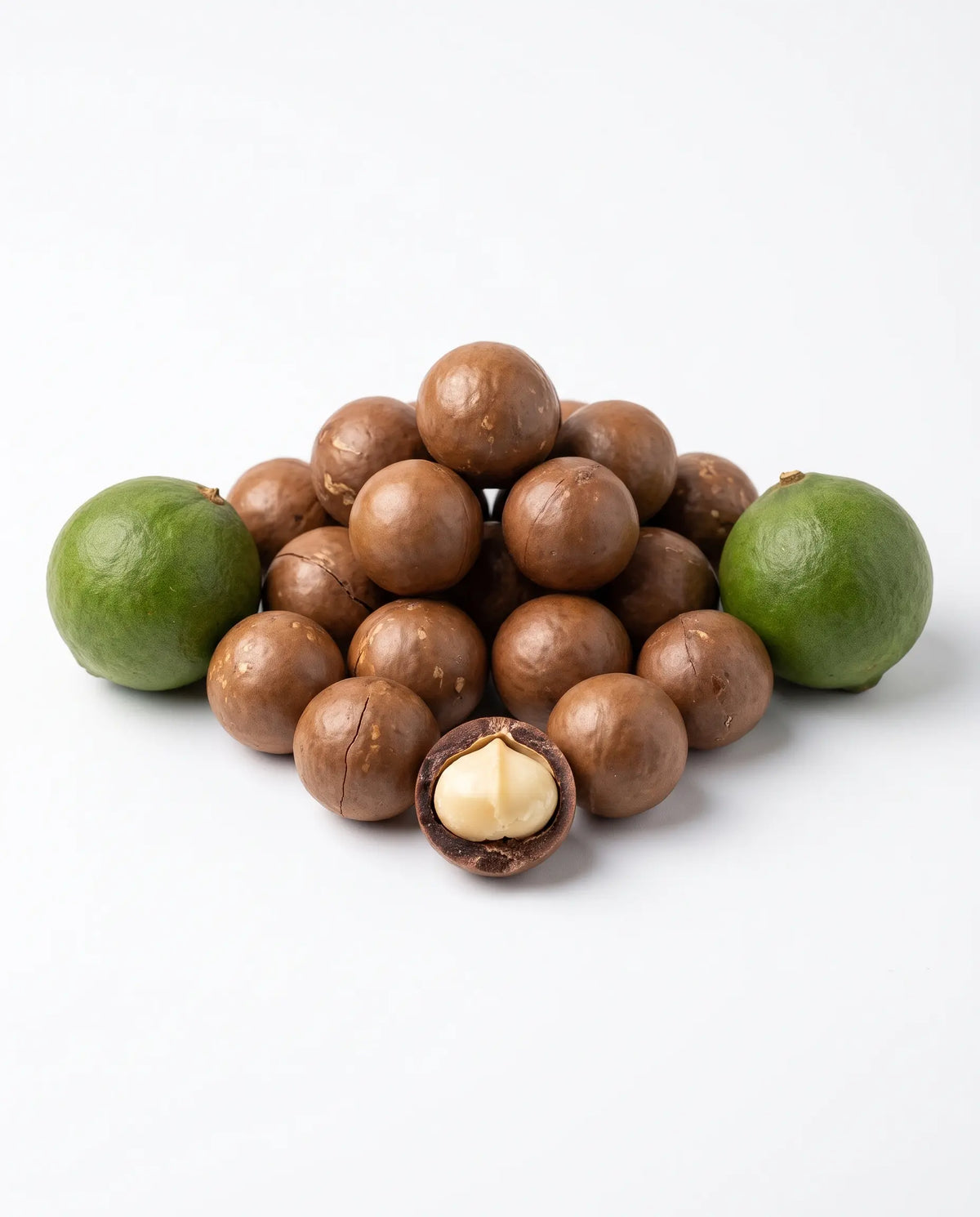 A pile of brown macadamia nuts with two green whole macadamia fruits and one cracked nut showing the pale cream interior, arranged on a clean white background.