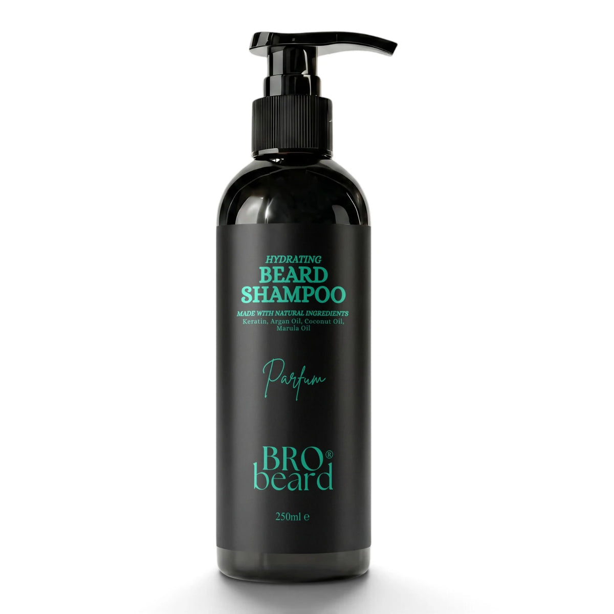 A 250ml black pump bottle of BRO beard shampoo with a black label featuring teal text, set against a plain white background.