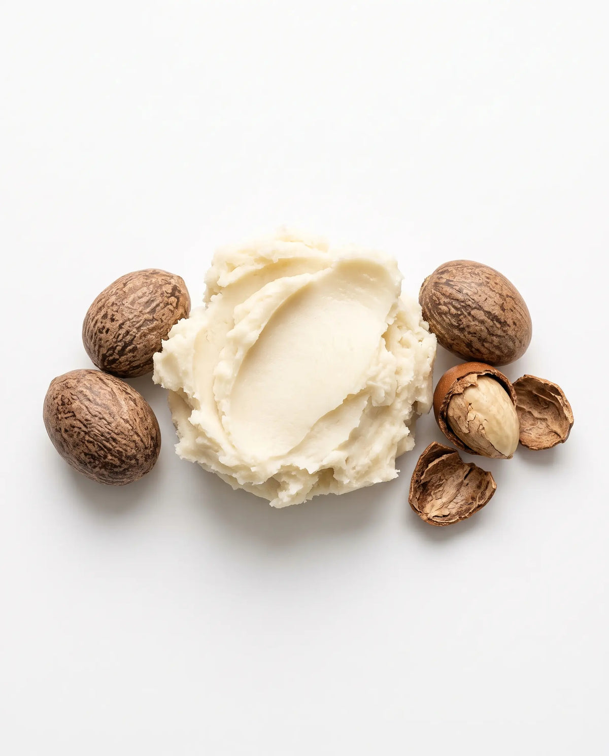 A top-down view of a creamy off-white cosmetic or skincare product centered on a white background, surrounded by whole and cracked brown nuts.