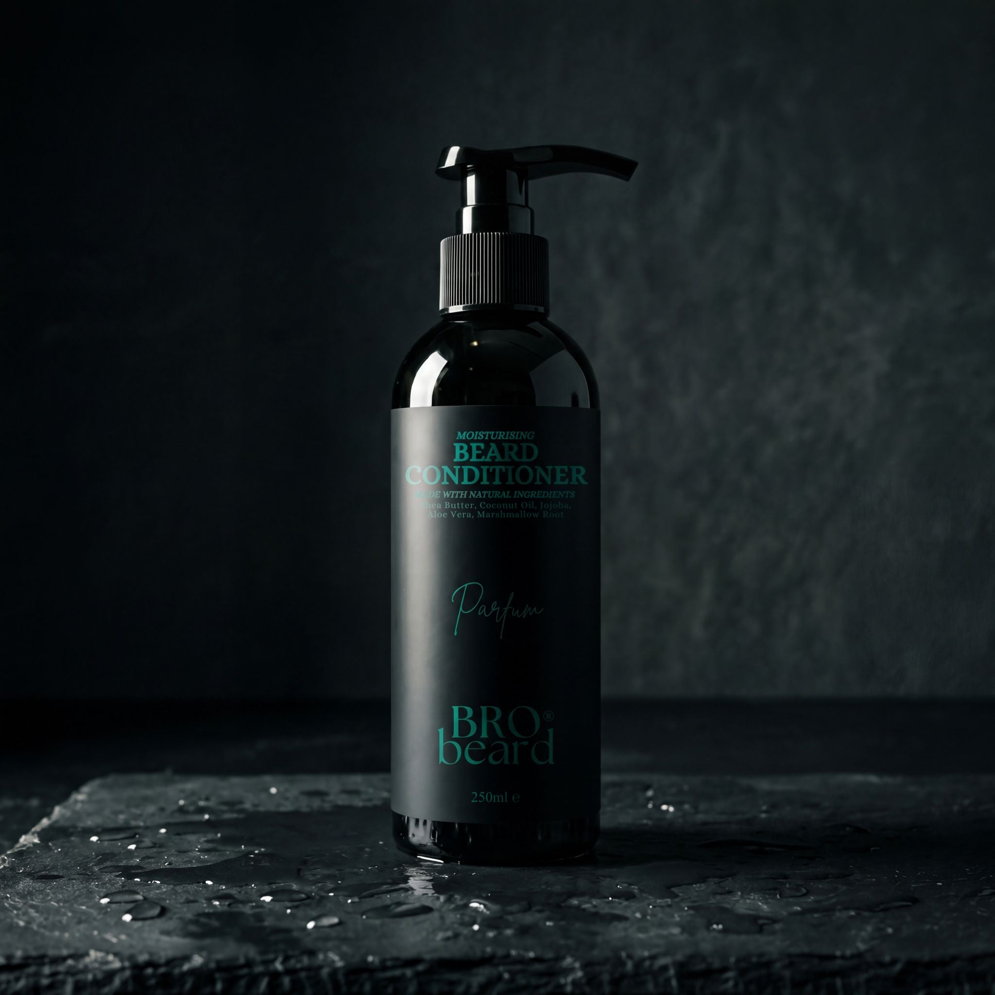 Bottle of beard conditioner with pump on a dark background