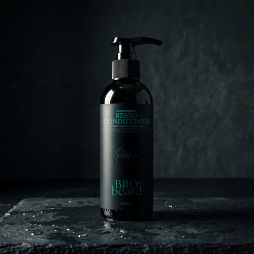 Bottle of beard conditioner with pump on a dark background