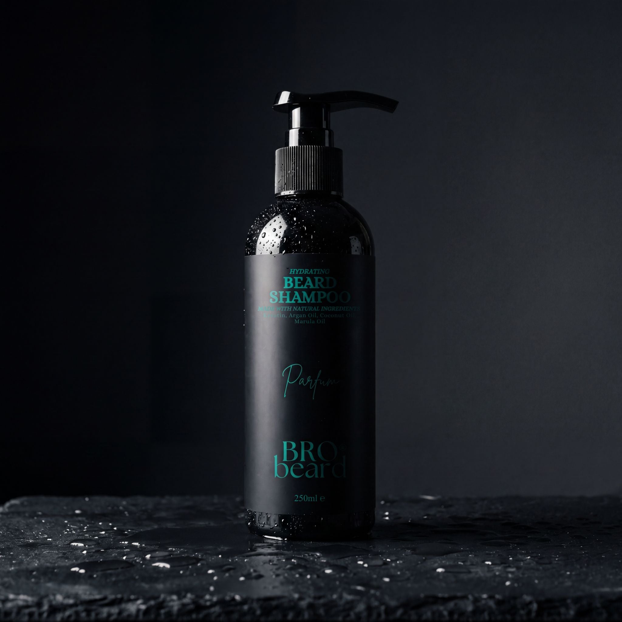 Bottle of beard shampoo with pump on a dark background