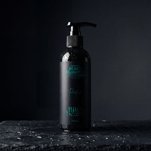 Bottle of beard shampoo with pump on a dark background