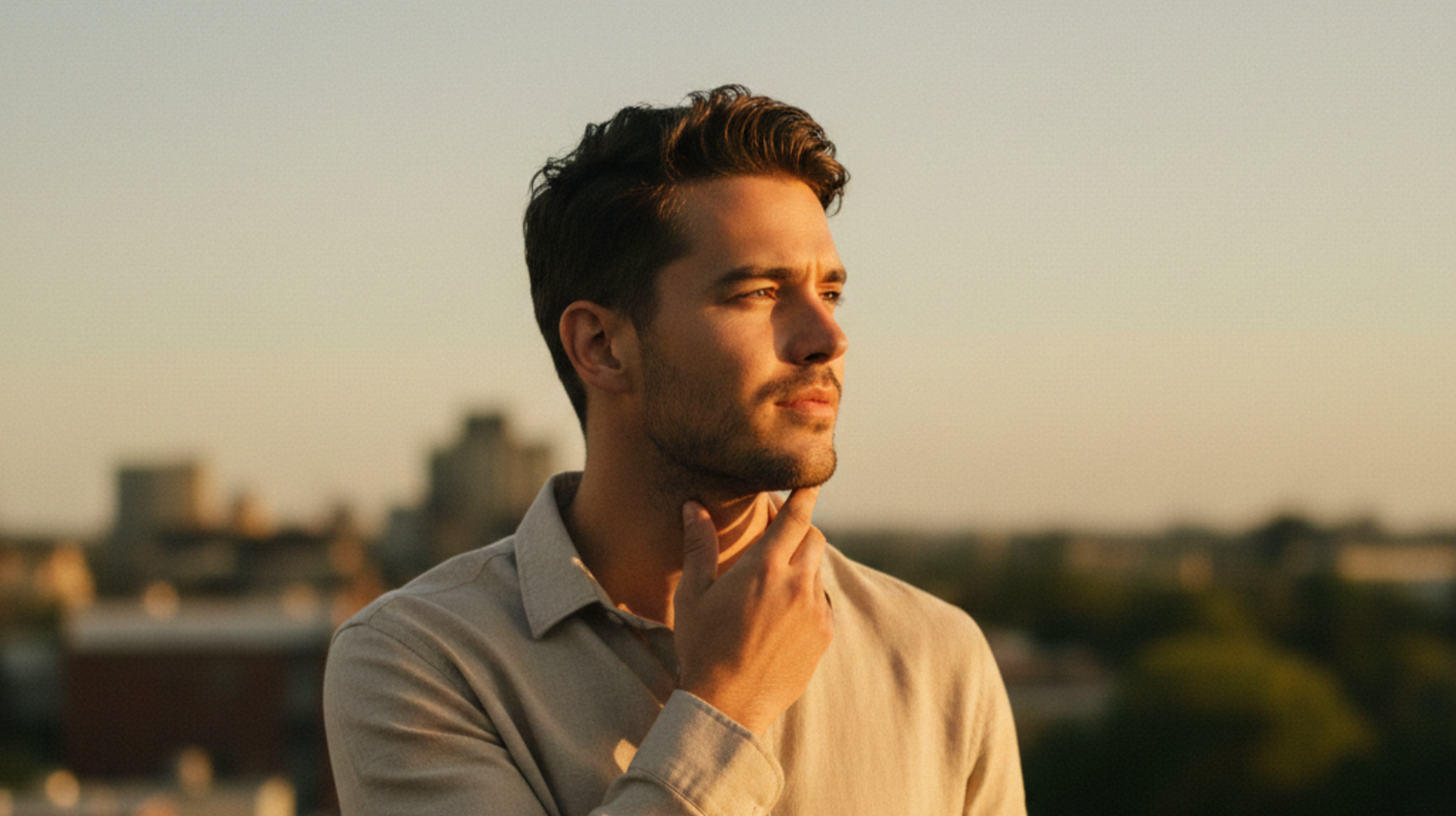 Australian man touching his jawline with sparse facial hair in warm summer sunlight outdoors