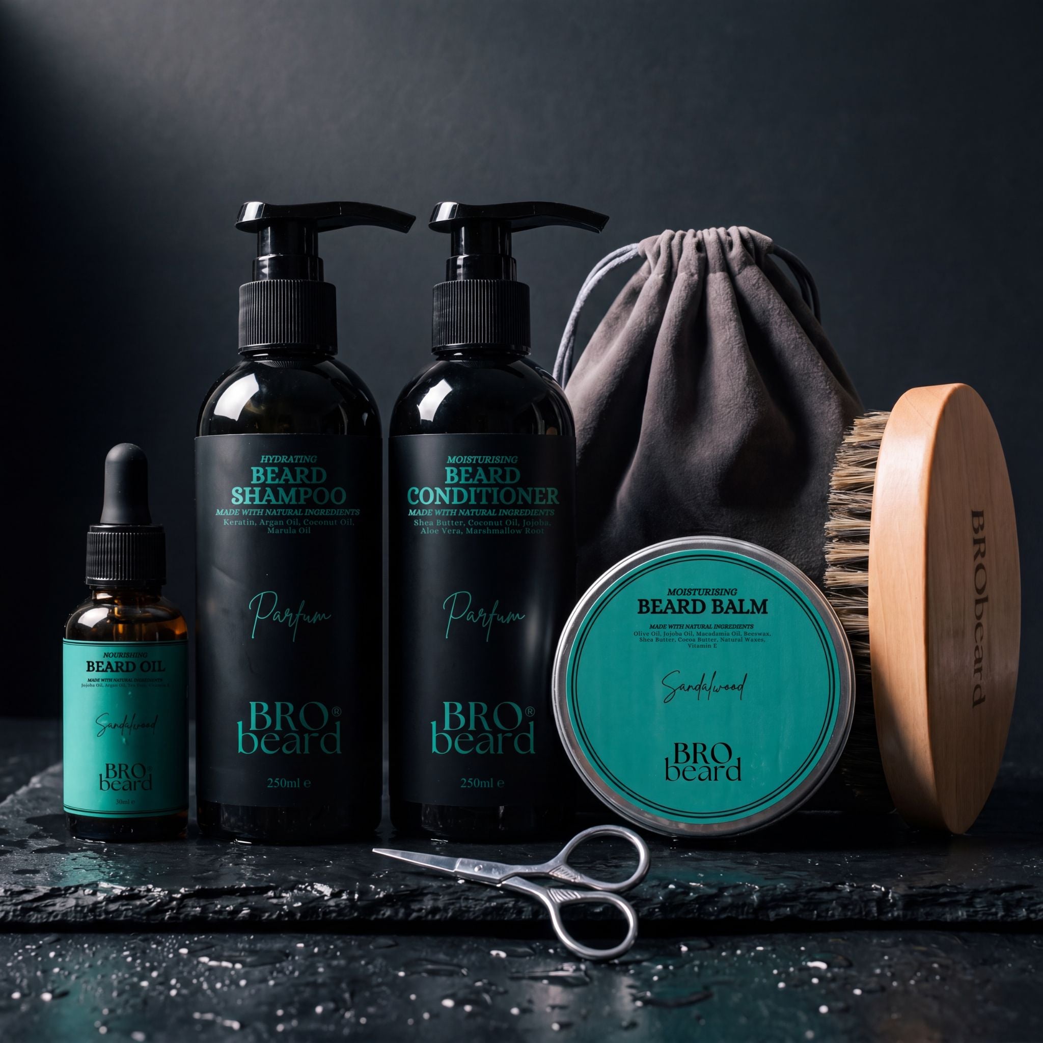 Beard care products including a tin of beard balm, brush, and scissors on a light gray background.