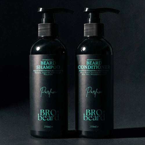 Two black pump bottles of beard care products, labeled 'Beard Shampoo' and 'Beard Conditioner' with teal text, standing side by side on a dark surface against a dark background.