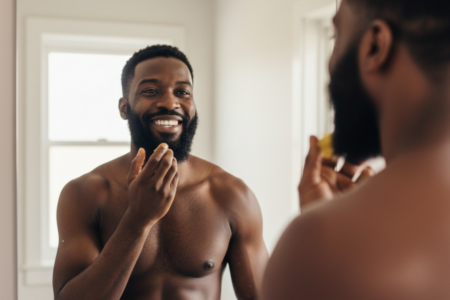 Man applying beard balm to his beard in front of a mirror