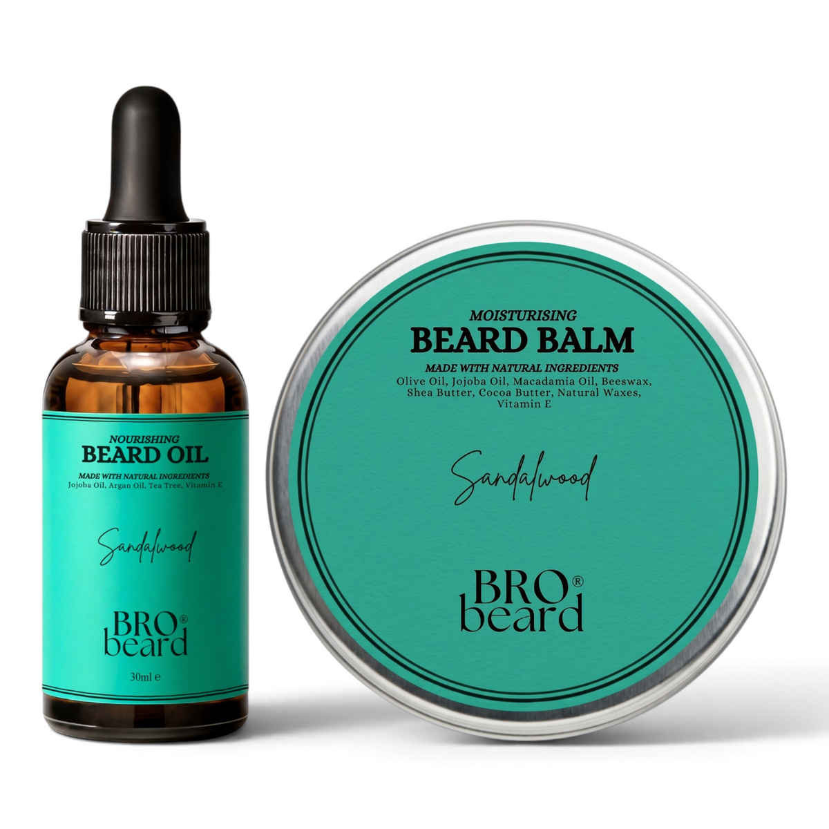 Bro Beard grooming set featuring a 30ml amber glass dropper bottle of Sandalwood Nourishing Beard Oil and a round tin of Sandalwood Moisturising Beard Balm, both with teal labels on a white background.